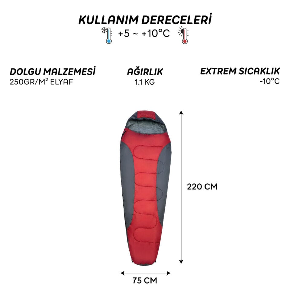 FreeCamp Trekker Mummy Uyku Tulumu-Kırmızı